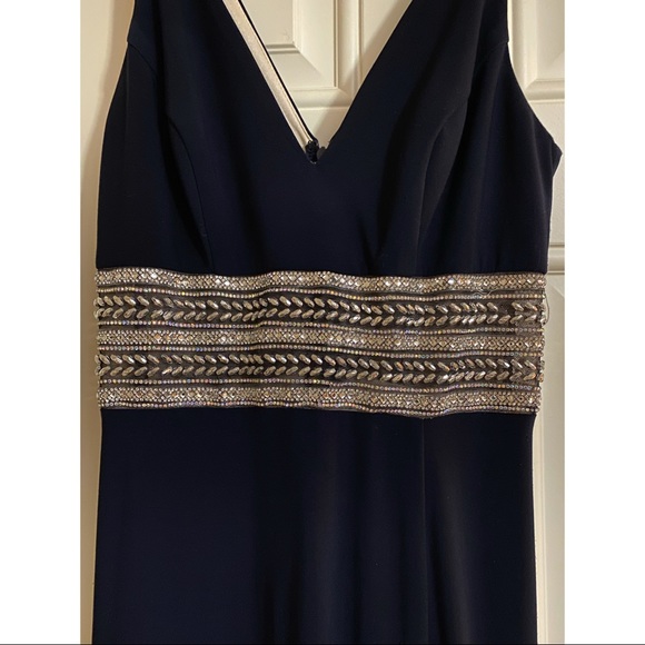 Xscape Beaded Plunge Gown - Navy & Silver - Picture 9 of 12